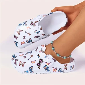 Fashion EVA Women’s Clogs Butterfly Print Indoor Slippers Lightweight Flat Soft Sole Adjustable Buckle Beach Garden Shoes