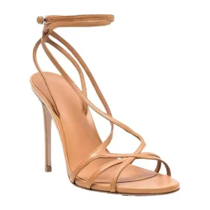 Fashion Elegant Custom Logo Peep Round Toe Ankle Strap Brown Genuine Leather Thin High Heel Latest Women’s Sandals Shoes