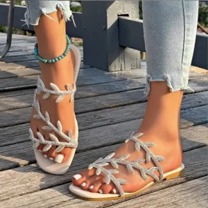 Fashion Elegant Slippers Sandals Women’s Flat Shiny Rhinestone Leaf Shape Sandals Slippers