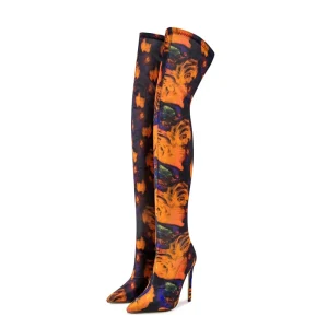 Fashion Floral Fabric Winter Women’s Over-the-Knee Boots High Heels Pull-On Thigh High Boot