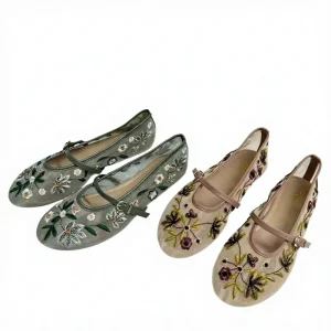 Fashion Flower Embroidered Mesh Breathable PU Insole Ballet Flats Women’s Retro Strap Mary Jane Shoes Chinese style Shoes