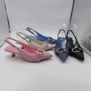 Fashion High Heels Women Denim Pointed Toe Silver Metal D Ring Buckle Rivet Slingback Kitten Heel Factory Direct