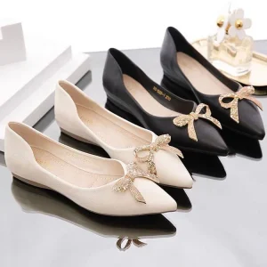 Fashion Ladies Flats PU Leather Black Flats for Women Comfortable Flats Shoes with Bow
