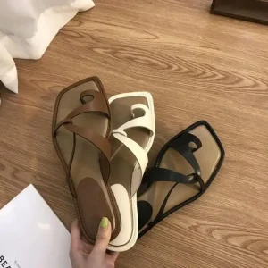 Fashion Ladies Set Toe Outdoor Beach Slides Women’s Square Head Flat Sandals Slippers