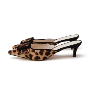Fashion Leopard Horse Leather Upper With Leather Wrapped Buckle Decoration Closed Toe Heel Ladies Mule Woman Slippers