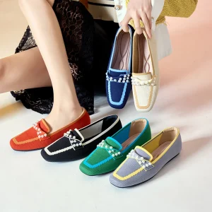Fashion Loafers Shoes Women Summer Square Toe Knitted Flat Waterproof and Breathable Moccasin Shoes for Mother Big Size 34 43