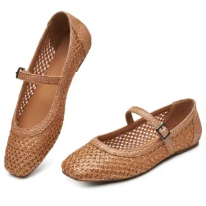 Fashion Mary Jane Shoes Women Woven Flats Dressy Ballet Flats Square Toe Mary Jane Flats Shoes