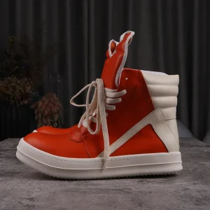 Fashion Men’s Casual Shoes Inverted Triangle Design Leather Shoes for Women Black Solid Women’s Sneakers Lace up Men’s Shoes
