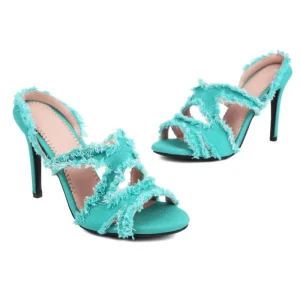 Fashion Mules Femme 7cm 9.5cm Heeled Shoes Large Size Peep Toe Denim Summer Slippers Women Thin High Heel Sandals Shoes