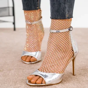 Fashion New Thin Heel Rubber Bottom Back Zipper PU Mesh Rhinestone Summer Winter Cushioned Breathable Comfort Women’s