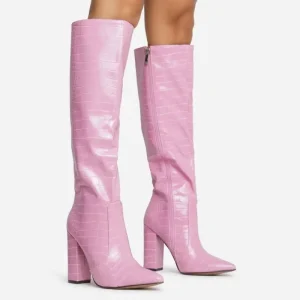 Fashion Pointed Toe Block Heel Knee High Long Boot in Pink Faux Leather for Women and Laddies