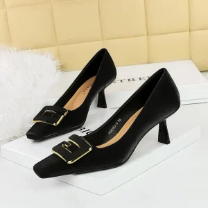 Fashion Professional OL Women’s Shoes High Heels Shallow Mouth Metal Buckle Decorative High Heels Women’s Shoes