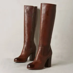 Fashion Retro Plus Size 43 Women’s Chunky Heel Long Boots Leather Zip-up Knee High Boots for Ladies