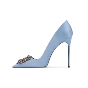 Fashion Satin Women’s Pumps Shoes Pointed Toe Crystal Buckle Women High Heels Stilettos Dress Shoes for Party