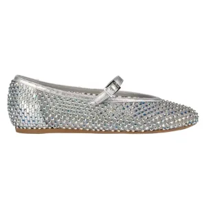 Fashion Sexy Single Strap Flat Bottomed Round Toe Flat Pumps Silver Pu Mesh Rhinestone Ballet Flats Shoes for Women