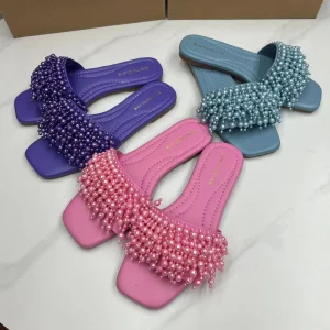 Fashion Sexy Temperament Pearl Flat Bottom Outdoor Sandals Open Toe Style Beach Women’s Shoes Sandals Slippers