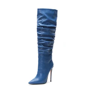 Fashion Sexy Western Winter Women’s 12cm High Heels Pointed Toe Knee High Slouch Long Boots Soft Ruched