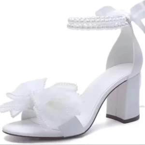 Fashion Sexy Women’s Summer Pearl Lace Silk Bride Block Heels Shoes Wedding Open Toe Bow Knot Heeled Bridal Sandals