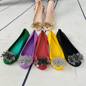 Fashion Slip On High Quality Soft Rubber Boat Shoes Ladies Plastic PVC Flat Shoes Peep Toe Diamond Bow Women’s Flats for Summer