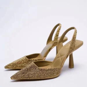Fashion Strappy Pointed Toe 7cm Stiletto Heels Sexy Elegant Rhinestone Pattern Women’s Sandals