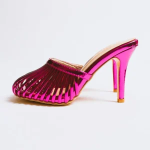 Fashion Straps Round Toe Women’s Mule Slippers Stiletto High Heeled Slip on Patent Leather Solid Ladies Shoes Summer Slides