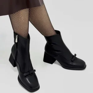 Fashion Western Retro Square Toe Ankle Boots With Zipper Closure Bow Detail Height Increasing For Daily Travel Work Outfits