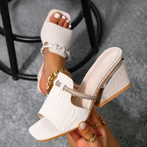 Fashion Women’s Black White Rhinestone Slide Sandals Summer Chunky Heel Square Toe Heels