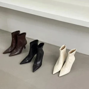 Fashion Women’s French Style Pointed Toe Stiletto Ankle Boots Autumn Winter Brown Leather Zipper High Heel Slim Fit Boots
