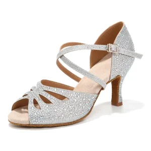 Fashion Women’s Latin Dance Shoes Open Toe Heel Lace Satin Ankle Strap Comfortable Rhinestone Buckle Dress Pump Sandals