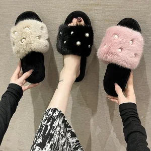 Fashion Women’s One-Strap Slide for Open Toe Winter Pearl Decor Fluffy Plush Outdoor House Slides Bulk