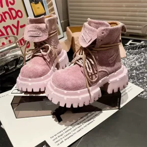 Fashion Women’s Suede Candy Color Casual Heightened Platform Ankle Boots with Overalls and Shorts