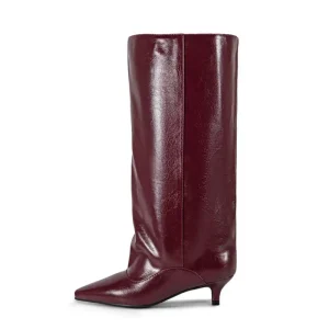 Fashion Women’s Wide Calf Slouch Knee High Boots Low Kitten Heel Pointed Toe Oiled PU Pull on Plus Size 35-43