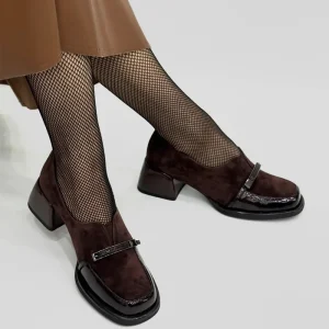 Fashionable 4cm Thick Heeled Loafers Suede Leather Patchwork Striped Decoration Retro Style Light Luxury Leather Shoes