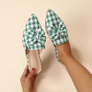 Fashionable European and American Cross border Leisure Flat Bottom Pointed Lattice Bow Muller slippers Women