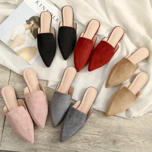 Fashionable Flat Bottomed Pointed Toe Semi Slippers Women’s Suede Black Mules