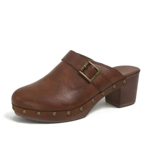Fashionable Ladies Mule Slippers Leather Upper Rivet Thick Wood Women High Heel Clogs Mules
