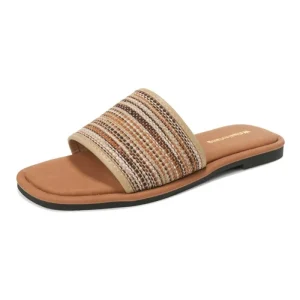 Fashionable Ladies Sandals Women’s Square Open Toe Slip on Lightweight Roman Style Summer Breathable Soft Flax Upper