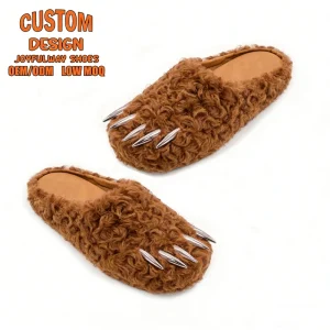 Fashionable Outdoor Custom Fur Brown Bear Claws Mules Furry Slides Slip-on Women’s Men’s Mules slippers Custom logo