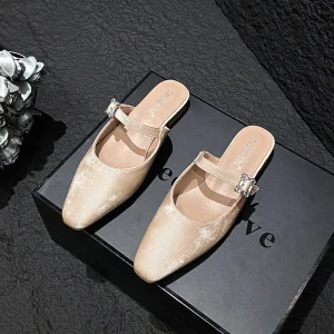 Fashionable Square Toe Rhinestone Buckle Strap Mule Shoes Comfortable and Versatile Women’s Footwear