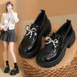 Fashionable Trendy Womens Loafers Large Heel Shoes Synthetic Leather Mary Jane Peep Toe