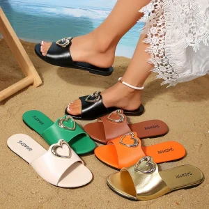 Fashionable and Comfortable Women’s Round Toe Slip on Sandals PU Upper Ladies’ slippers Elegant Versatile Metal Buckle Sandals