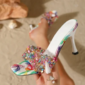 Fashionable and Trendy High heeled Shoes with a Ladylike Style Featuring Colorful Rhinestones Are Extremely Sexy and Revealing