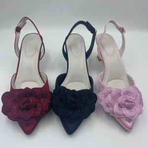 Female High Heels Satin Pointed Toe 3D Rhinestone Rose Flower Slingback Ankle Strap Low Kitten Heel Party Shoes