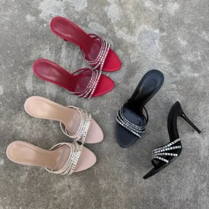 Female Pointed Toe Mules Shoes Women Rhinestone High Heel Slippers and Sandals