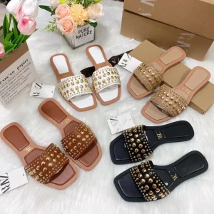 Female Summer Beach Slippers Slides for Women’s And Ladies Luxury Pearl Sandals Flat Shoes High Quality