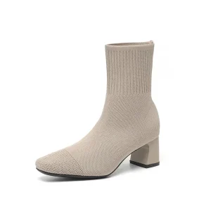 Femme Foreign Trade Knitted Elastic Fabric Pointed Thick Heel Ankle Socks Women’s Boots