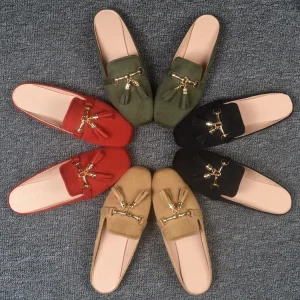 Flat Half Slippers Women’s Fashion Square Toe Tassel Mules Single Shoes Large 41 44