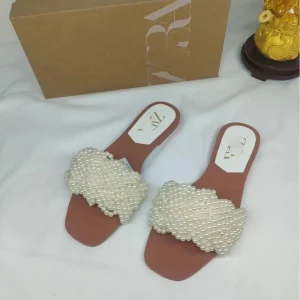 Flat Sandals White Pearl Woven Fashion Beach Outdoor Shoes Slides Slippers Sandals for Women and Ladies
