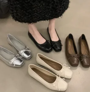 Flat Shallow Mouth Bowknot Spring New Style Single Shoes Evening Silver French Style Loafers