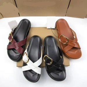 Flat Slides Women’s Slip On Sandals with Gold Buckle